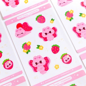 Strawberry Flutter Bunny Planner Feuille d’autocollants | | en vinyle imperméable à l’eau Feuille d’autocollants 4x6