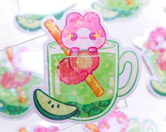 Apple Drink Sticker, Bunny Sticker, fruit sticker, Holographic Sticker, kawaii sticker