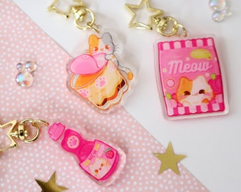 Kitten Snacks Acrylic Charm // Double Sided // 2 in // Clear Acrylic // Kawaii Charm // Cute Charm