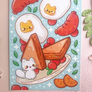 Holographic English Breakfast Kitties Print, Cat Wall Art, Breakfast series Print, Kawaii Print, Holographic Print, Brunch Lovers