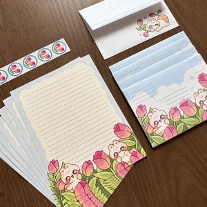Juego de cartas con temática de tulipanes, juego de cartas kawaii, juego de cartas adorables, papelería de conejito, regalo de papelería, juego de cartas con flores, correo postal