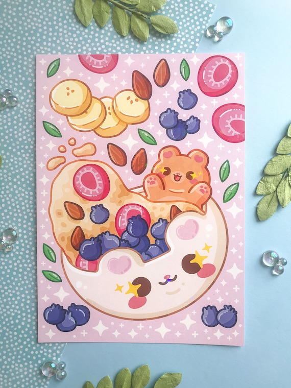 Holographic Overnight Oats Bear Print: Kawaii Breakfast Art (5x7)
