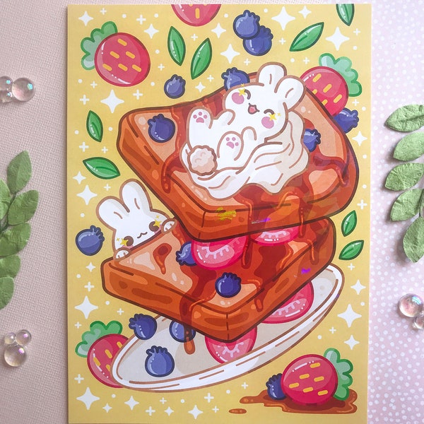 Holographic French Toast Bunnies Print, Bunny Wall Art, Breakfast series Print, Kawaii Print, Holographic Print, Brunch Lovers