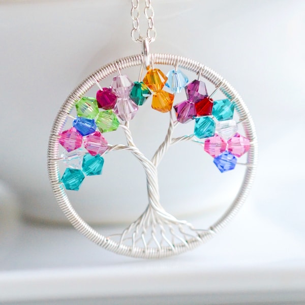 Family Tree Necklace: Birthstone Color Crystals, Personalized Mom Gift, Birthday Present for Grandma