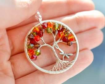 Fall Tree of Life Pendant, Thanksgiving Necklace, Dragonfly Necklace Sterling Silver, November Birthday Gift for Her, Autumn Colors Jewelry