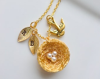 Bird's Nest Necklace: Personalized Mother's Jewelry, Birthstone Color Crystal Pearls