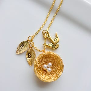 Gold Bird's Nest Necklace, Mother necklace personalized, Bird's Nest Jewelry, Mother's Day Necklace, Mama Bird Necklace, Miscarriage Jewelry afbeelding 1