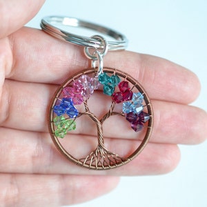 May include: A copper wire tree of life keychain with a silver key ring. The tree is decorated with colorful crystal beads in shades of pink, green, blue, and red.