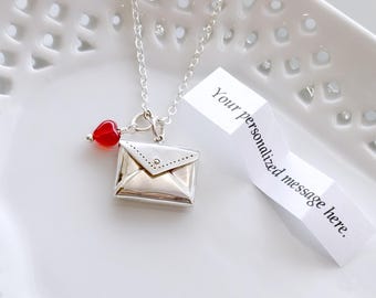 Sterling Silver Love Letter Necklace: Personalized Message Locket, Red Heart Charm