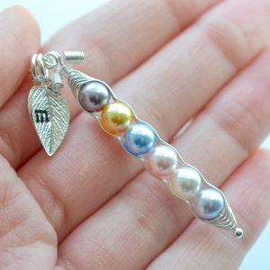 Personalized 6 Peas in a Pod Necklace: Birthstone Color Crystal Pearls, Initial Leaf Charm