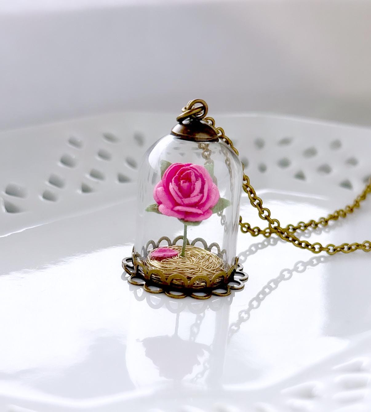 Miniature Pink Rose Necklace: Glass Dome Pendant, Enchanted Gift