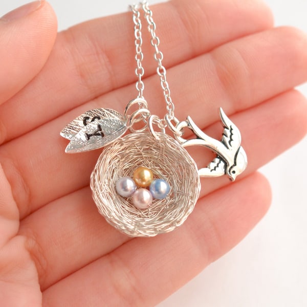 4 Eggs Bird's Nest Necklace: Birthstone Color Crystal Pearls, Initial Leaf Charms, Mom Gift