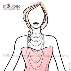 Op de afbeelding: Een lijntekening van een persoon die een roze jurk draagt met verschillende kettinglengtes aangegeven in inches, van 14 inch tot 33 inch. De tekst "millstone ACCESSORIES" staat bovenaan de afbeelding.