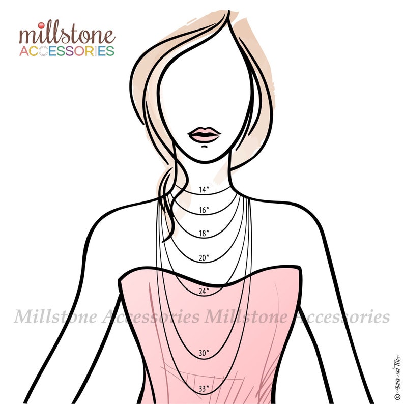 Op de afbeelding: Een lijntekening van een persoon die een roze jurk draagt met verschillende kettinglengtes aangegeven in inches, van 14 inch tot 33 inch. De tekst "millstone ACCESSORIES" staat bovenaan de afbeelding.