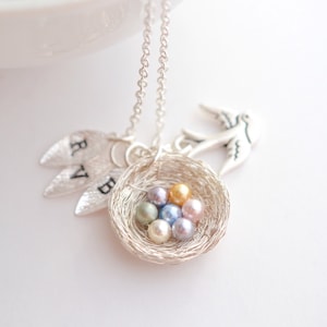 Bird Nest Necklace, Mother's Day Gift for Grandma from Grandkids, Mom Necklace with Kids Birthstones Initials, Adoption Day Gift for Mom