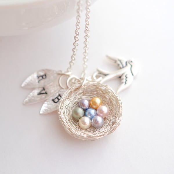 Personalized Bird's Nest Necklace: Birthstone Color Crystal Pearls, Initial Leaf Charms, Custom Mom Gift