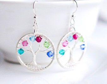 Family Tree Dangle Earrings, Tree of Life Custom, Birthstone Earrings for Mother, Christmas Gift for Her, Mom Grandma Gift Personalized