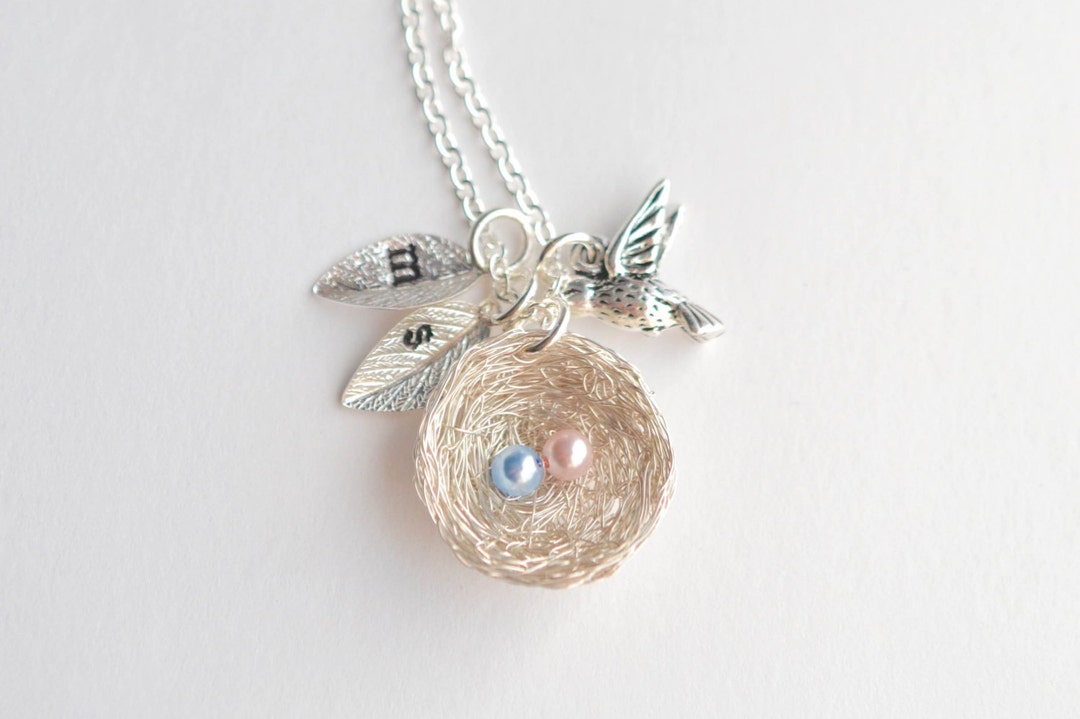 2 Eggs Bird's Nest Necklace, Twin Baby Shower Gift, Personalized Nest