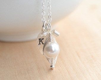 1 Pea in a Pod Necklace: Birthstone Color Crystal Pearl, Initial Leaf Charm, Sweetpea Gift