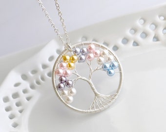 Family Tree Necklace: Birthstone Color Crystal Pearls, Wire-Sculpted Tree of Life Pendant