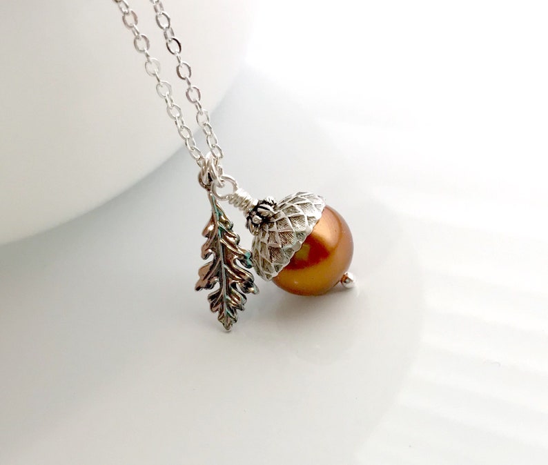 Acorn Oak Leaf Necklace, Birthday Gift for Her Unique, Fall Wedding Bridesmaid Proposal, Autumn Statement Pendant, Friendship Nut Jewelry image 1