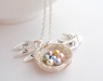 7 Eggs Bird's Nest Necklace, Christmas Gifts for Sister in Law, Mom of 7 Kids, Grandma Necklace Birthstone, Mom Necklace with Kids Initials