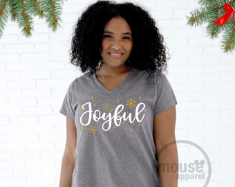 Joyful Hidden Mickey Disney Christmas Glitter Plus Size Vneck/Plus Size Disney tee/Disney Christmas Plus Size Tee/Hidden Mickey Christmas