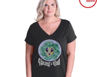 Having a Ball Madame Leota Haunted Mansion PLUS SIZE Disney Vneck Tee-Madam Leota Plus Size Haunted Mansion Disney Halloween Tee-Plus Size