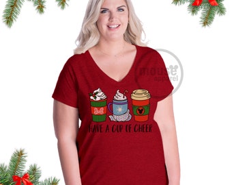 Have a Cup of Disney Cheer Plus Size Vneck/Disney Christmas Mickey Coffee Cheer Plus Size/Mickey Disney Plus Size T-shirt/Coffee Disney tee