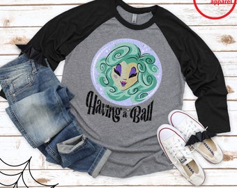 Unisex Disney Haunted Mansion Madame Leota Having a Ball Raglan Baseball Tee-Disney Haunted Mansion Madam Leota Baseball Raglan-Halloween