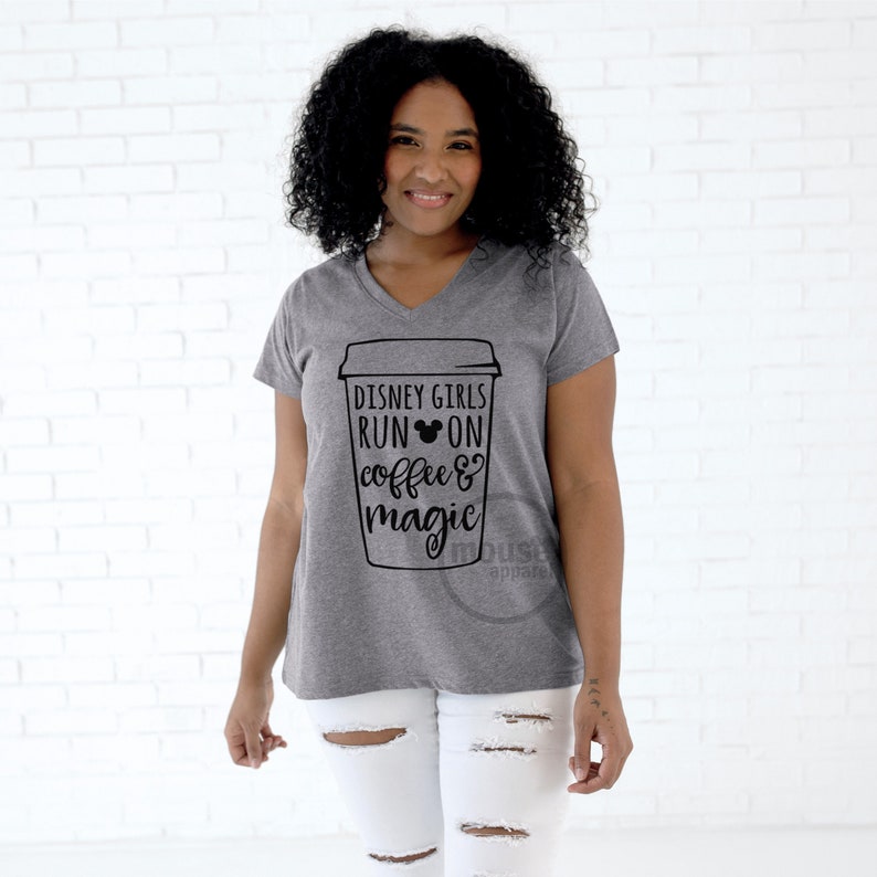 Plus Size Disney Girls Run On Coffee and Magic Deep Vneck Tee/Disney Girls Run On Tee/Disney Girls Coffee Tee Plus Size Granite Heather