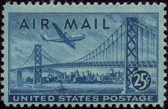 Vintage Unused US Postage Stamp 25c San Francisco Airmail Stamp of 1947 ..  Pack of 10 Scott Catalog C36 