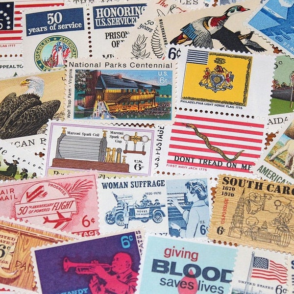 50 Unused Vintage 6c US Postage stamps from the 1960s and 1970s .. Grab bag of Fifty different stamps .. Penpals, Scrapbooks, letter writing