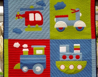 May include: A colorful quilt with four squares featuring different modes of transportation. The top left square is blue with a red helicopter, the top right square is green with a blue scooter, the bottom left square is red with a blue train, and the bottom right square is blue with a green boat.