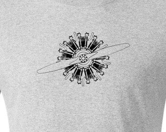 Radial Airplane engine with propeller drawing printed on t shirt.