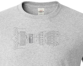 Jet engine drawing printed on t shirt. Gift for engineer, airplane fan.
