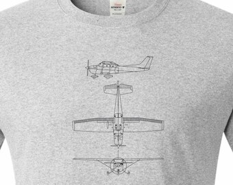 Cessna 182 Skylane 3 view drawing printed on t shirt. Technical line drawing print.