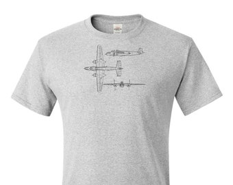 Vintage B25 Mitchell Line Drawing printed on Men's T shirt. WW2, airplanes, warbird shirt, gift for pilot, gift for him, Free Shipping