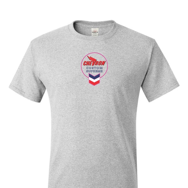 Chevron Gas image, printed on Men's T shirt. Vintage Gas Station Art, gift for car guy, gift for dad, classic automotive art, Free Shipping.