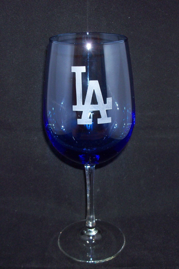 La Baseball Wine Glass Custom Etched Blue Tint 18oz Wine Glass Etsy