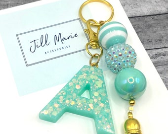 Mint bubblegum beaded keychain with custom resin initial.