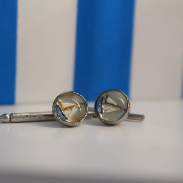 Cuff Links, Tiny Sailboats Cute Shirt Accessory, Vintage Antique Jewelry, Silver Tone, Sailing / Boating  / Nautical / Beach Themed