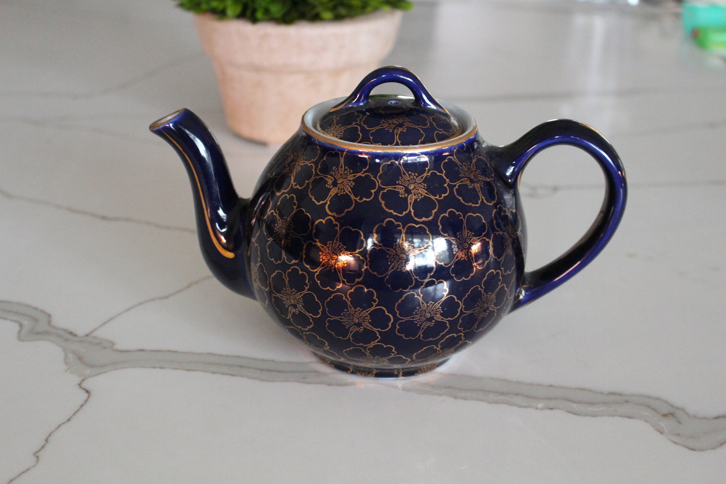 HALL USA Teapot Navy / Cobalt Blue With Gold Gilt Flowers and Etsy