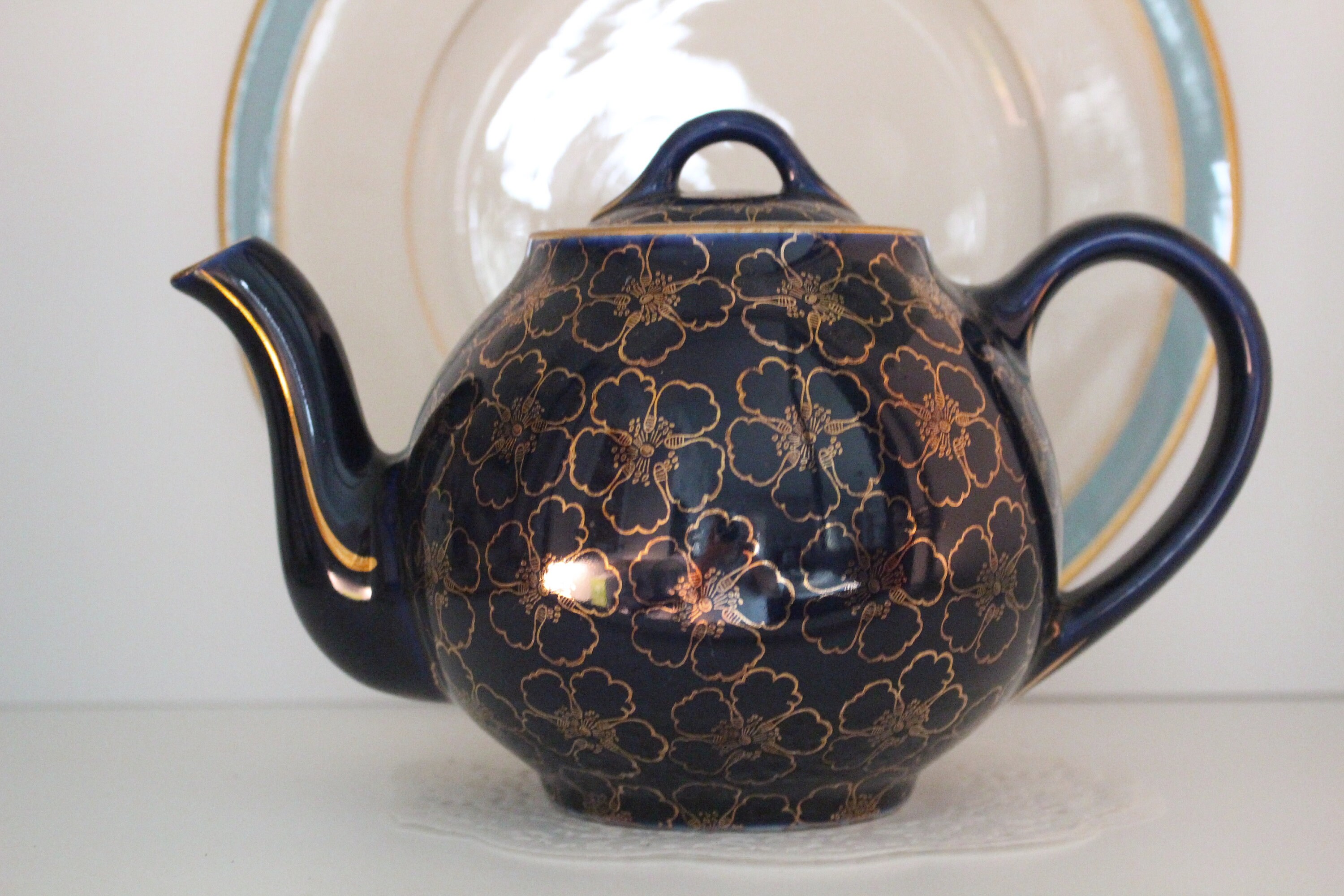 HALL USA Teapot Navy / Cobalt Blue With Gold Gilt Flowers and Etsy
