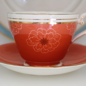 Aynsley Tea Cup and Saucer ~  Fine Bone China Made In England Orange, White, Gold Gilt Rim   GSB