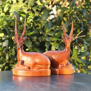 MCM Hand Carved Pair of  Wood Gazelles, Exotic Horned Animals Antelope, Impala, Wooden Figurine, Vintage Tabletop Bookshelf Décor GSSB