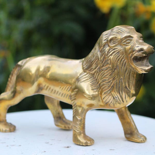 Vintage Solid Brass Lion Figurine - Golden Patina Majestic Lion Paperweight, Table Top Accent, Bookend Shelf Decor, Safari Theme, Boys Room