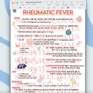 May include: Handwritten notes on a white background with pink and green illustrations. The notes discuss Rheumatic Fever, its causes, symptoms, and treatment. The text includes the words "sore throat", "fever", "heart murmur", "cardiac dilation", "erythema marginatum", "Sydenham chorea", "labs", "diagnosis", and "treatment".