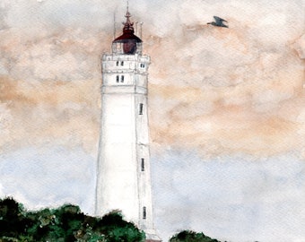 Watercolor painting original Blåvandshuk Fyr, lighthouse in Denmark