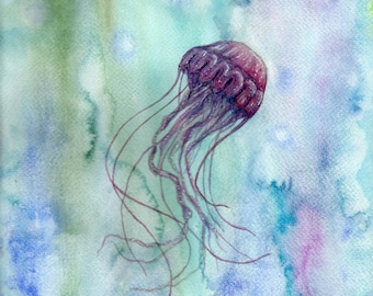 Dance in the ocean origninal watercolorpainting jellyfisch